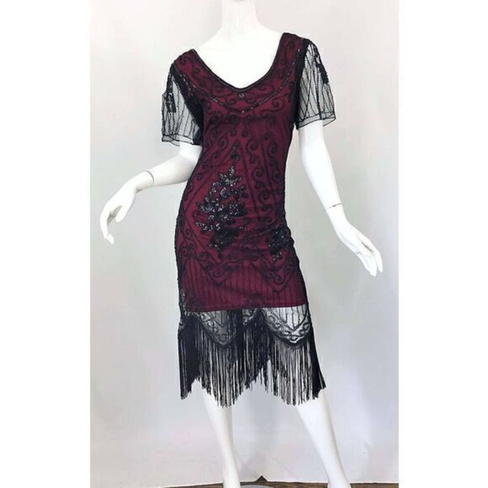 FLAPPER 1920 Black and Red Burgundy Lace Beaded Fringe Vintage Dress